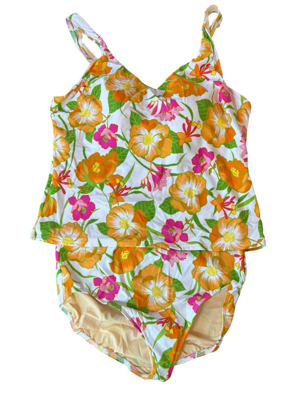 NEW! Lands’ End Tankini Swimsuit Set Floral White Orange Pink Size 16 Long